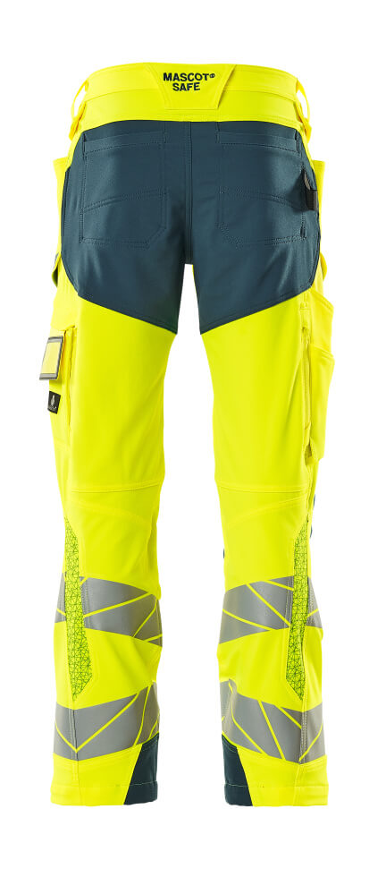 Housut polvitaskuilla - 19079-511 - hi-vis keltainen/tumma petrooli