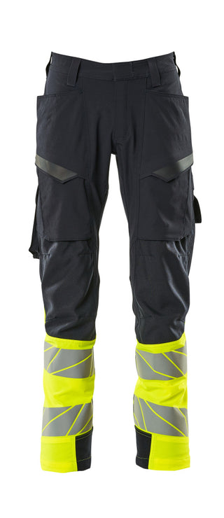 Housut, reisitaskuilla - 19379-510 - tumma laivastonsininen/hi-vis keltainen