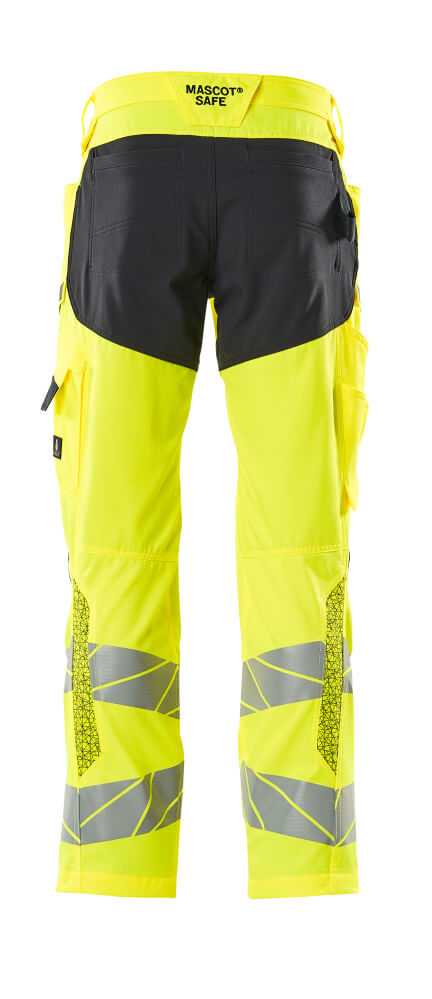 Housut polvitaskuilla - 19579-236 - hi-vis keltainen/tumma laivastonsininen